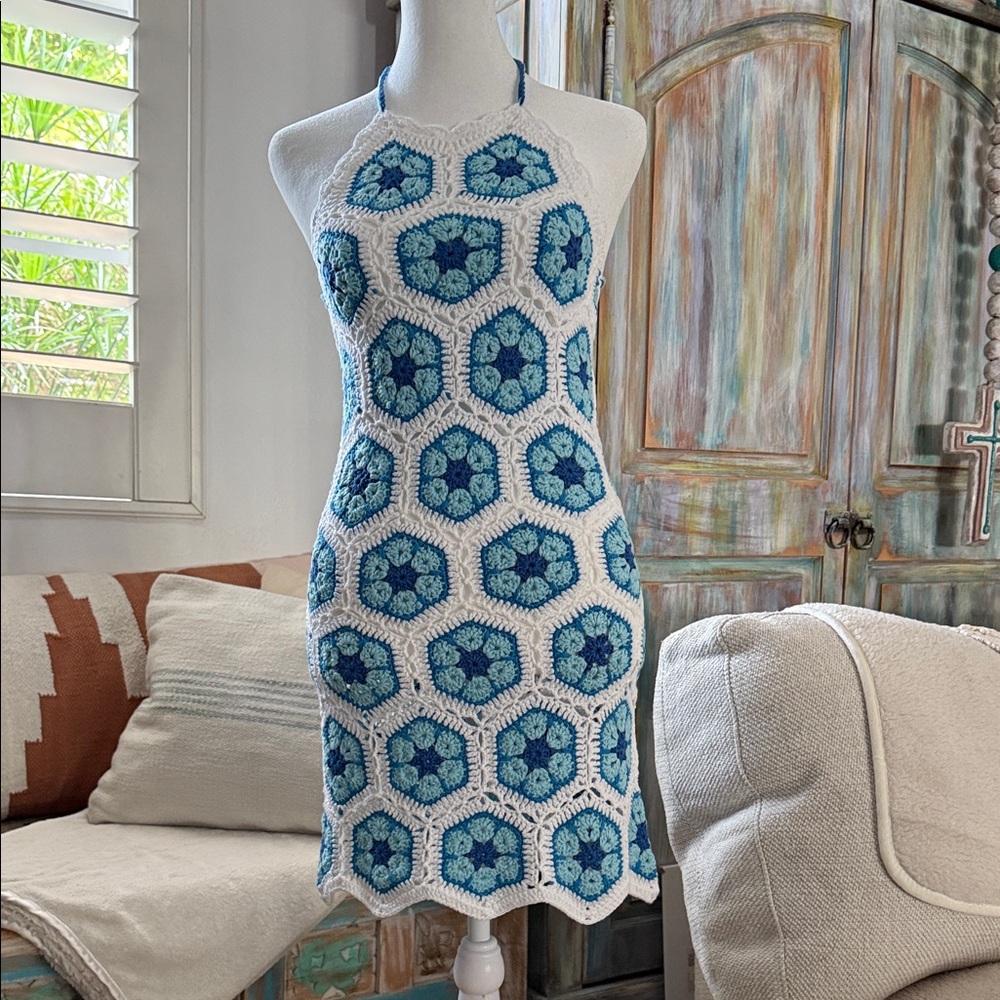 Vici Blue and White Crochet Mini Dress. Brand new!